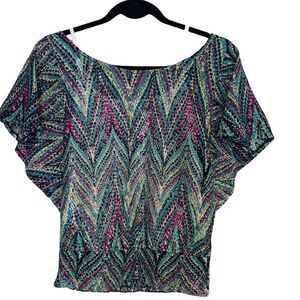 Abstract flutter sleeve colorful crochet peplum top small